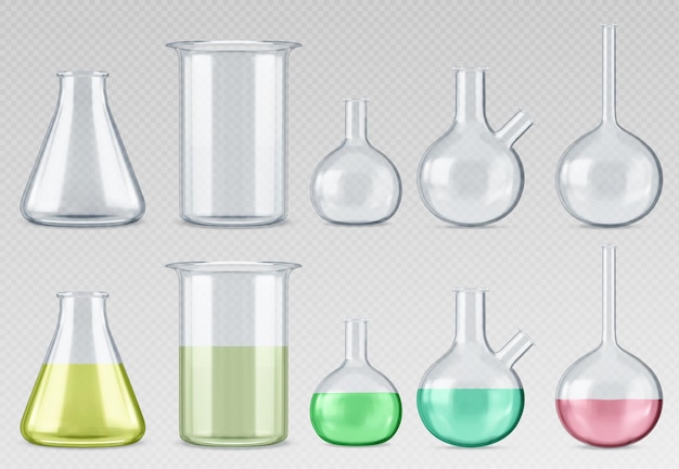 Free vector empty and full lab glassware set isolated on transparent background vector realistic illustration of laboratory beaker flasks tubes filled with color liquid substance scientific test experiment