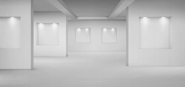 Empty gallery with empty niches with spotlights.