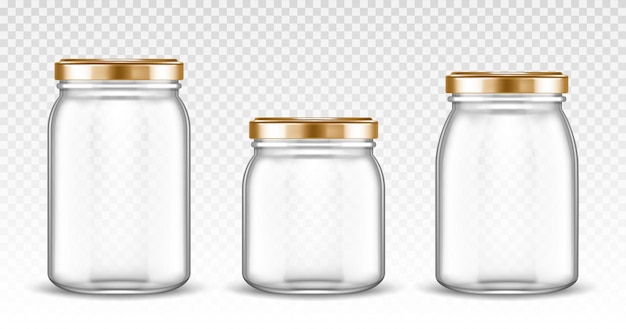 Empty glass jars with different shapes with gold lids isolated