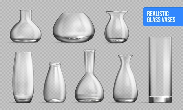 Free vector empty glass vase transparent set for flowers or cold beverage with rounded shape realistic vector illustration