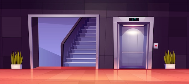 열린 엘리베이터 문과 계단이있는 빈 복도 인테리어.