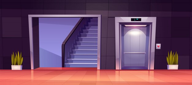 Интерьер пустой прихожей с открытыми дверями лифта и лестницей.