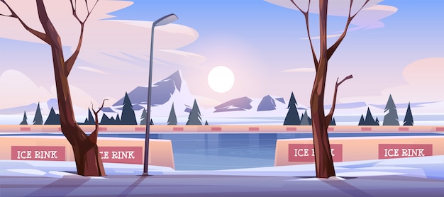 Free vector empty ice rink in winter mountain landscape