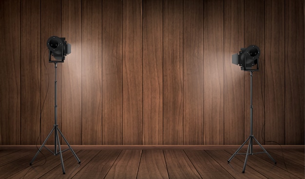 Empty interior of wooden studio with lamps