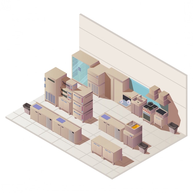 Empty isometric interior of restaurant kitchen illustration