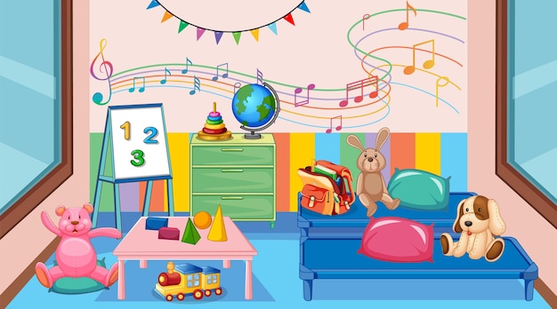 Free vector empty kindergarten classroom interior with many kid toys