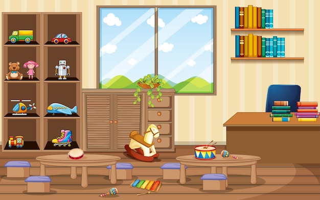 Free vector empty kindergarten room with classroom objects and interior decoration