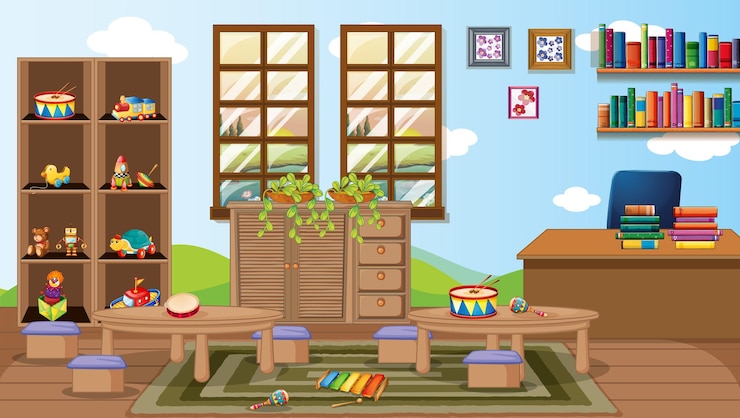 Free Vector empty kindergarten room with classroom objects and interior decoration