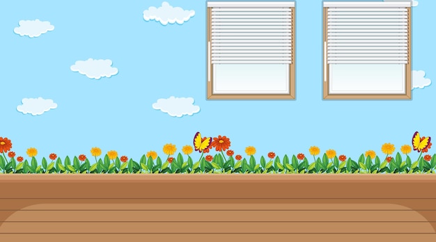 Empty kindergarten room with sky and flower field wallpaper