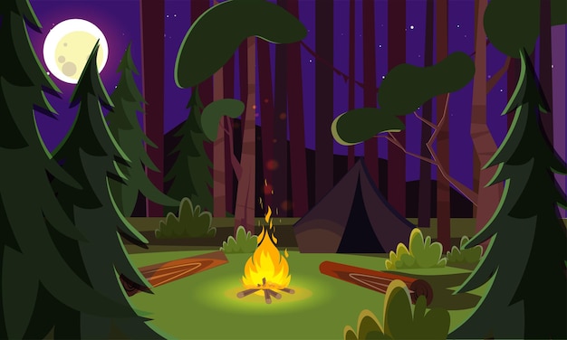 夕方の森の松と木々のある空の夜のキャンプ場キャンプファイヤーと荒野の観光客