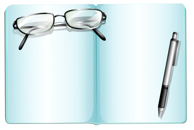 Free vector an empty notebook with an eyeglass and a pen