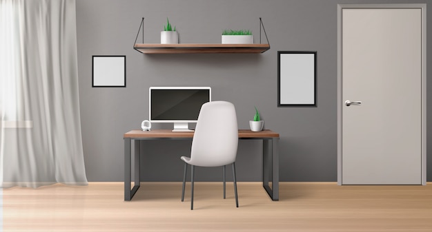 Empty office room with monitor on desk, chair, shelf with plants and black picture frames.