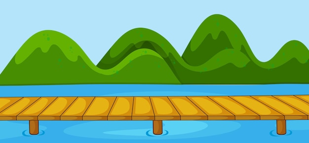 Free vector empty park scene with bridge cross river in simple style