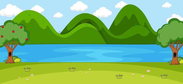 Empty park scene with river and mountain in simple style