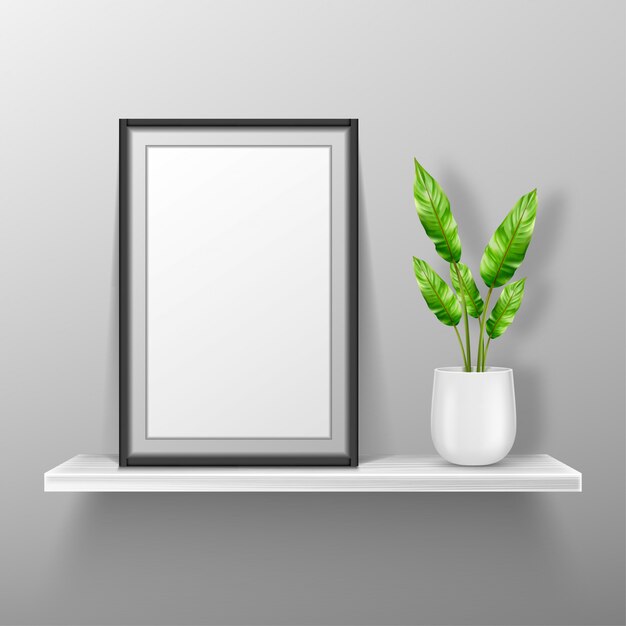 Empty photo frame stand on white shelf