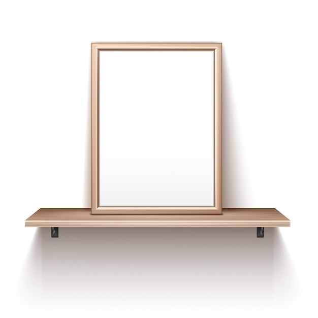 Free vector empty photo frame standing on wooden shelf