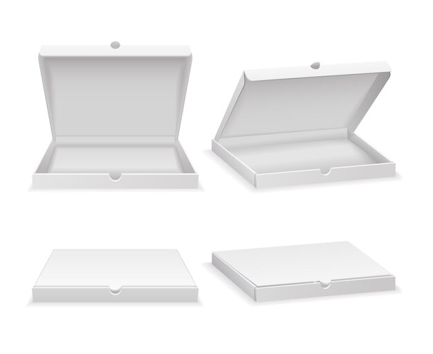 白で隔離の空のピザボックス。オープンカートンボックス、ファーストフード用のクローズドホワイトボックス。図