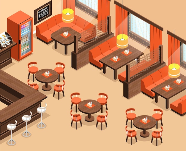 Free vector empty restaurant interior with differnt tables and bar counter isometric vector illustration