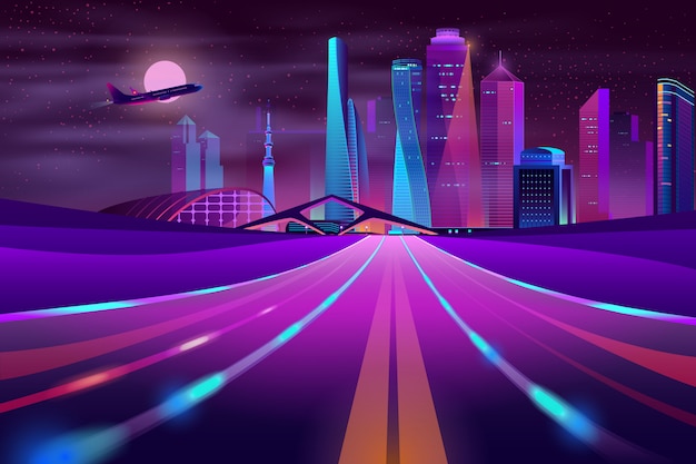 Free vector empty road in megapolis at night