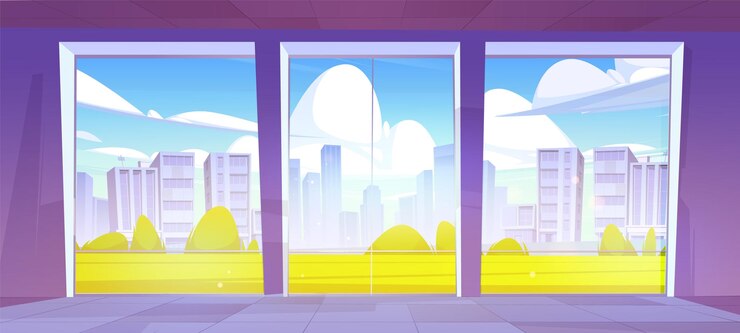 Free Vector empty room interior with large windows vector cartoon illustration of open space company office apartment store with cityscape buildings green lawn sunny sky view workspace housing background