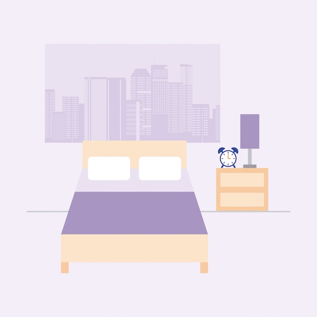 Empty room with bed and window with city view, flat style