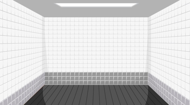 Empty room with black floor and white tiles walls