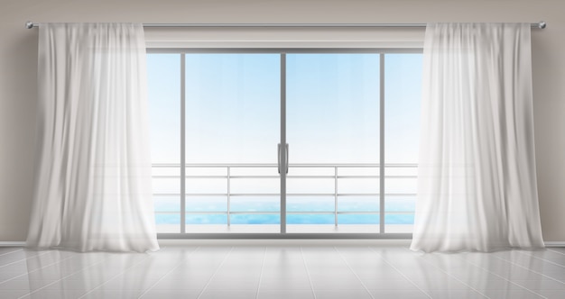 Empty room with glass door to balcony and curtains