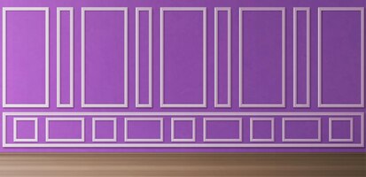 Stanza vuota con pannelli viola e pavimento in legno
