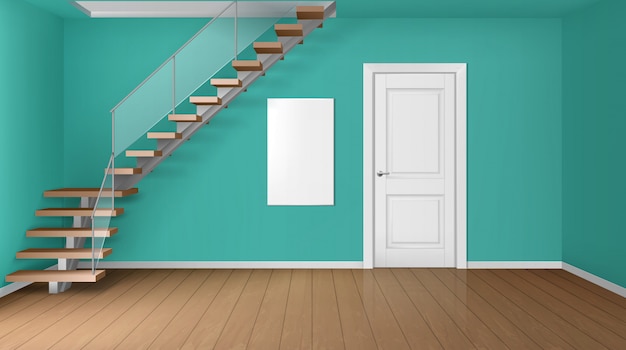 Free vector empty room with staircase and white closed door