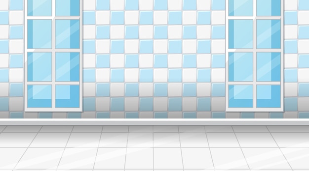 Free vector empty room with white tiles floor and blue checkered wall