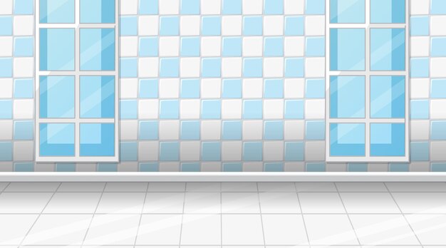 Empty room with white tiles floor and blue checkered wall