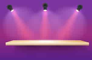 Free vector empty shelf on purple wall illuminated by three spotlights realistic vector illustration