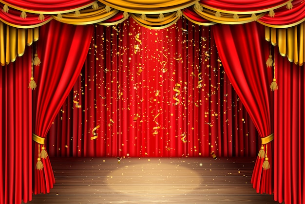 Empty stage with red curtain and falling confetti