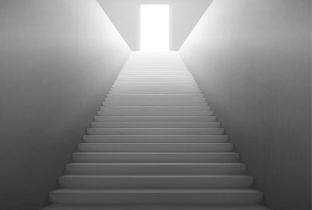 Empty staircase with light from open door on top.