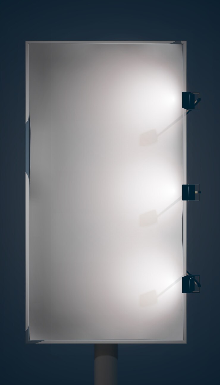 Free Vector empty vertical billboard on metallic column for commercial advertisement and promotion with spotlights isolated