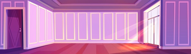 Free vector empty victorian style room vector cartoon illustration of classical english style home interior purple walls with elegant molding sun shining through large window on wooden floor open door