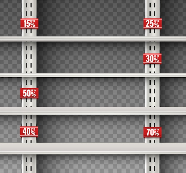 Vettore gratuito mensola vuota con cartelli promozionali. vendita di promozione annuncio isolato