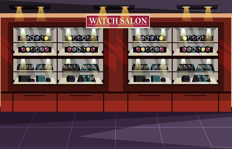 Free Vector empty watch salon shop showcases interior stylish wristwatch collection presentation clock assortment elegant original and analog models
