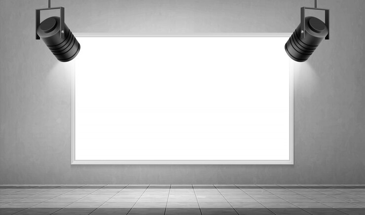 Free Vector empty white frame and hanging spotlights in museum