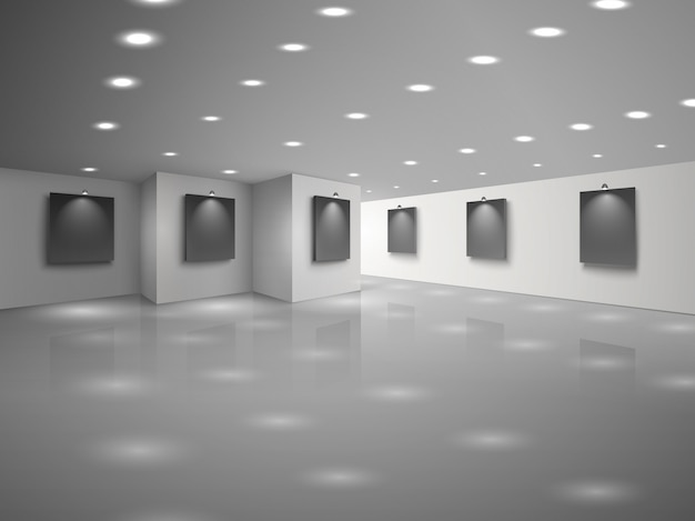 Пустой интерьер белого зала с пустыми черными холстами