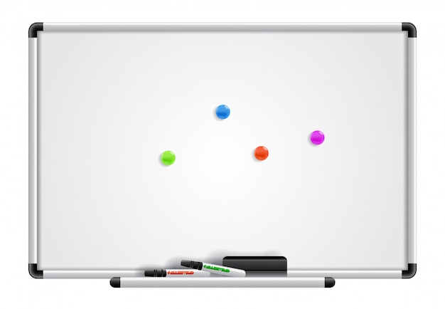 Empty whiteboard, markers and magnets. For banners, posters, leaflets and brochures.