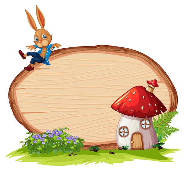 Insegna di legno vuota nel giardino con un coniglio isolato