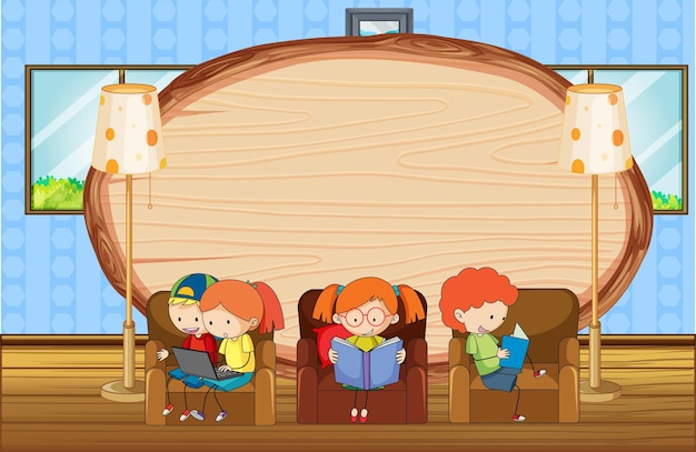 Free Vector | Empty wooden board in living room scene with many kids doodle cartoon character Free Vector | Empty Wooden Board In Living Room Scene With Many Kids Doodle Cartoon Character