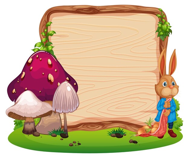 Empty wooden board with a rabbit in the garden isolated