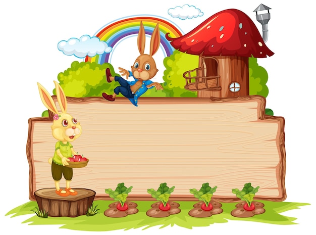 Free vector empty wooden board with two rabbits in the garden isolated