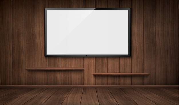 Free vector empty wooden room with tv screen and bookshelves