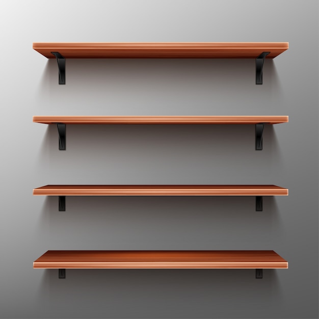 Free vector empty wooden shelves on gray wall