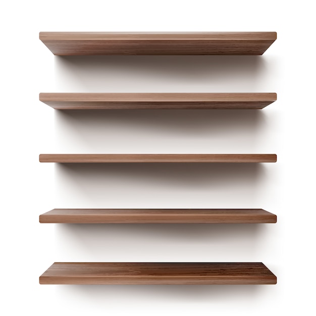 Empty wooden shelves on white wall