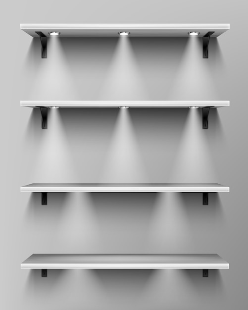 Empty wooden shelves with spotlights