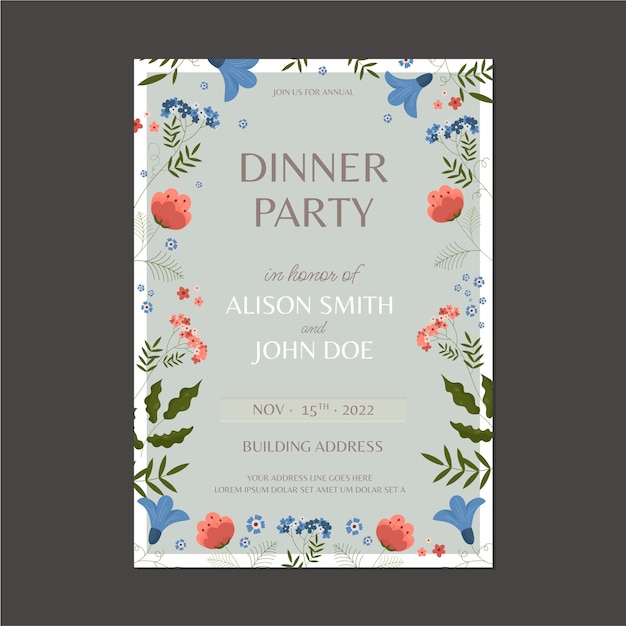 En flaches Design florale Dinner-Party-Einladung es sp Premium-Ressource-Katze